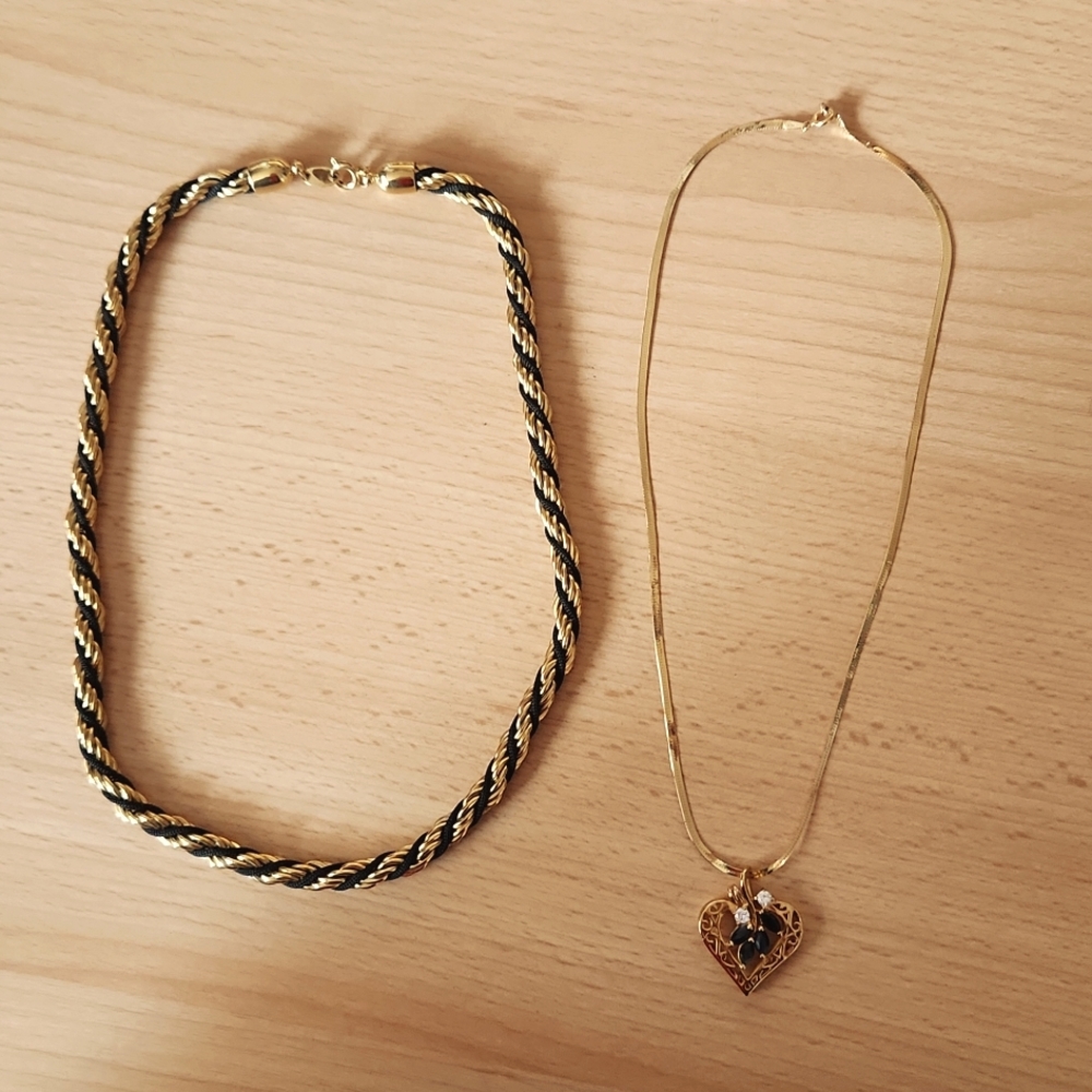 Gold/black twisted & Gold/Faux Blue Sapphire/Diamond Heart Pendant Necklaces